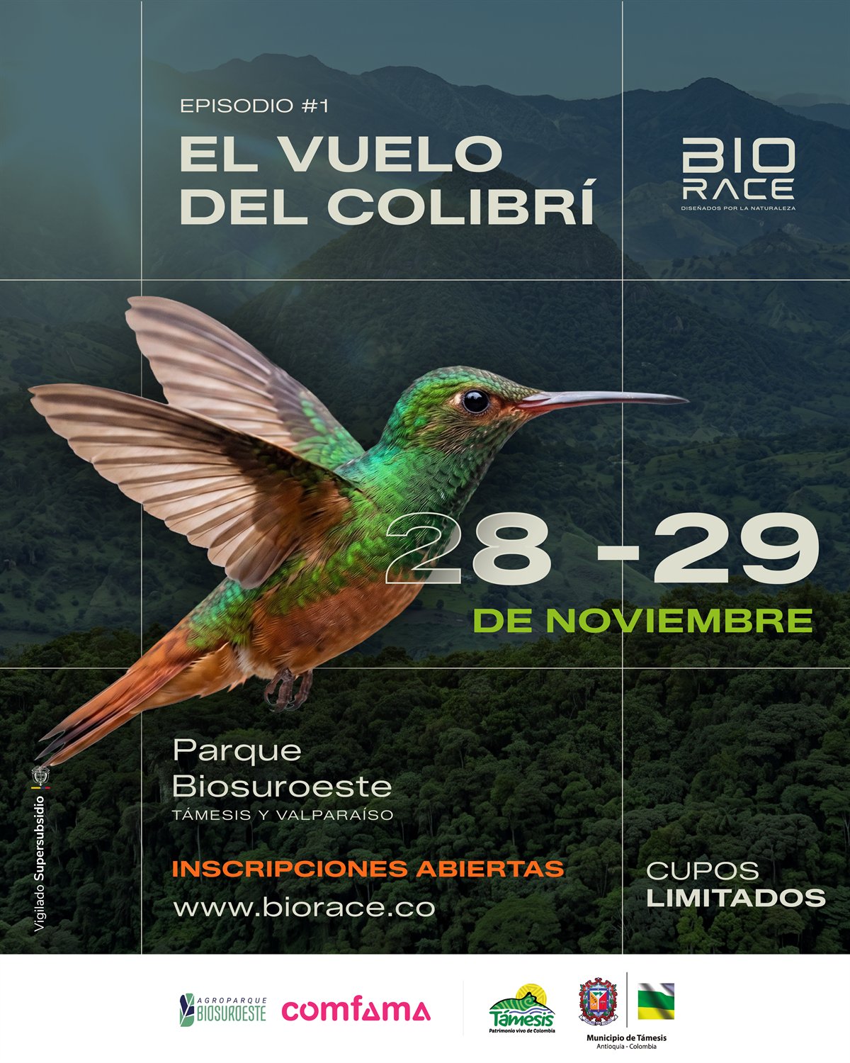 Pieza oficial de Bio Race, Episodio 1: El Vuelo del Colibrí. 28 y 29 de noviembre, Parque Biosuroeste, Támesis y Valparaíso. Inscripciones abiertas, cupos limitados.